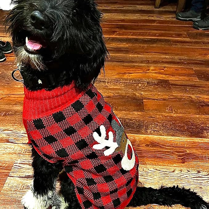 KYEESE Dog Christmas Sweater Reindeer Christmas Dog Sweater for Medium Dogs with Leash Hole Large Dogs Christmas Sweater Red Buffalo Check Pet Sweater Pet Christmas Outfit,XXL