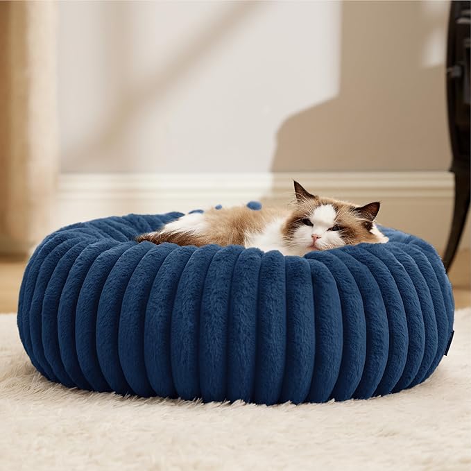 Bedsure Cat beds for Indoor Cats - Donut Dog Beds for Small Dogs with Corduroy Fleece & Anti Slip Bottom, Faux Fur Pet Beds with Washable Removable Cover, Night Blue, 20x20x6 inches