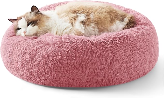 Bedsure Calming Cat Beds for Indoor Cats - Small Cat Bed Washable 20 inches, Anti-Slip Round Fluffy Plush Faux Fur Pet Bed, Fits up to 15 lbs Pets, Mauve Blush