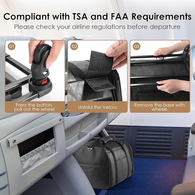 Leather Pet Carrier with Wheels, Airline Approved Travel Bag for Small Dogs & Cats Under 15 lbs, Rolling Pet Carrier for Airplane, Camping & Outdoor Black