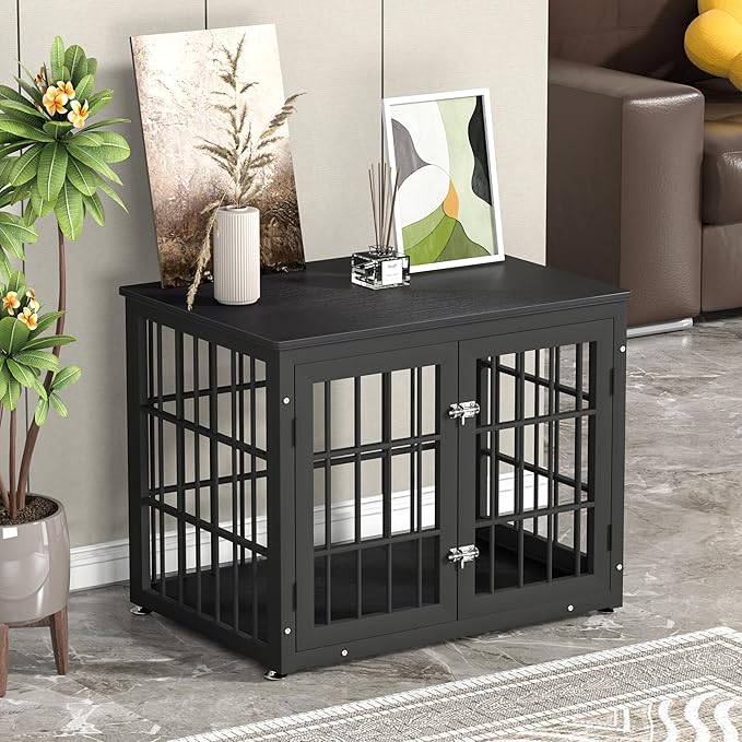 32 Inch Heavy Duty Dog Crate Furniture for Medium and Small Dogs, Decorative Pet House End Table, Wooden Cage Kennel Furniture Indoor, Black
