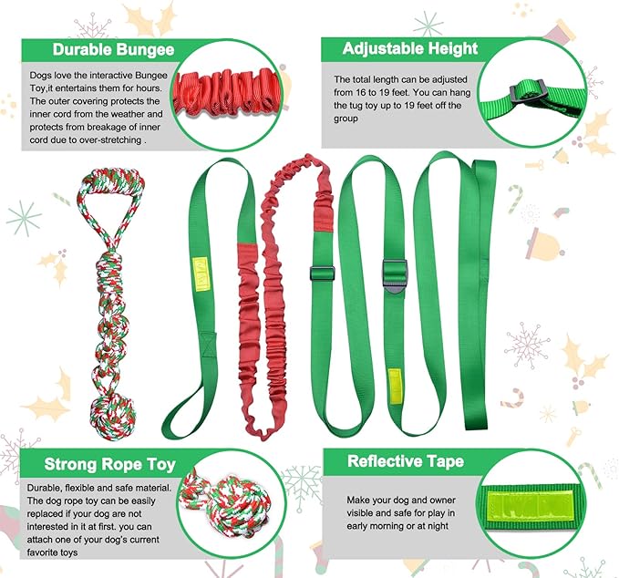 LOOBANI Outdoor Bungee Tug Toy, Dog Toy Hanging from Tree for Small to Large Dogs, Interactive Exercise Play Cord & Tether with Chew Rope Toy (Tree Stump Tug of War-Green)