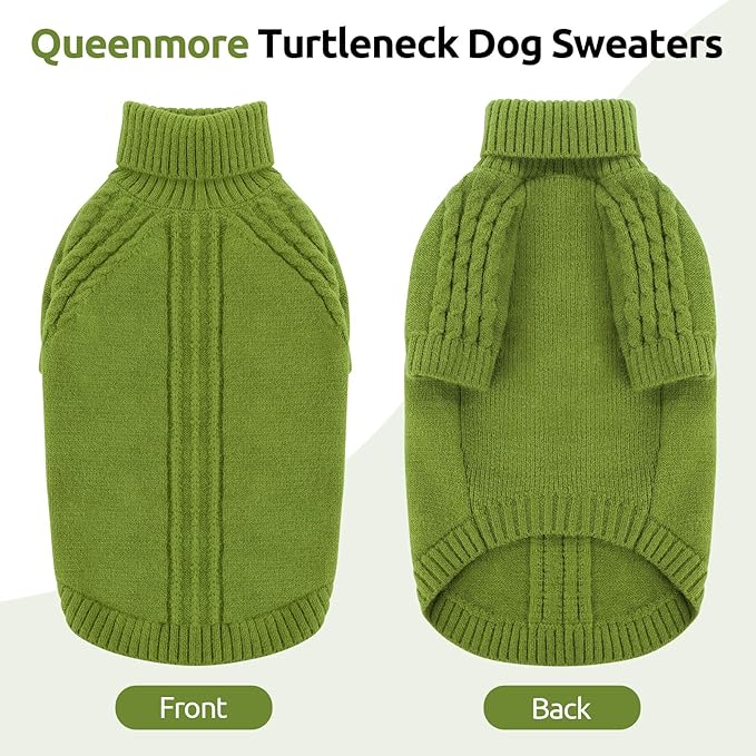 Queenmore Medium Dog Sweaters for Male Female Dogs, Soft Cozy Turtleneck Doggy Sweater for Winter, Long Sleeve Warm Puppy Pullover, Winter Xmas Pet Clothes for French Bulldog Dachshund (Green,M)
