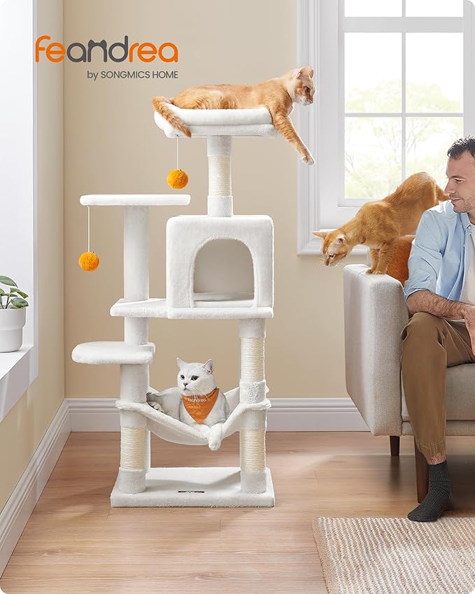 Feandrea Cat Tree, 44.1-Inch Cat Tower for Indoor Cats, Multi-Level Cat Condo with 4 Scratching Posts, 2 Perches, Hammock, Cave, Cream White UPCT261T01