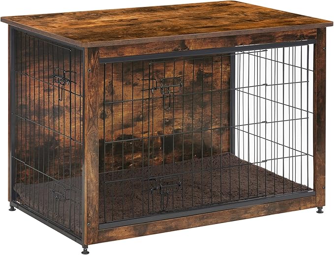 DWANTON Dog Crate Furniture with Cushion, Wooden Kennel Table with Double Doors, Indoor Dog House, Medium Size, 32.5" L, Rustic Brown