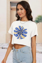 Womens Summer Crop Tops Short Sleeve Round Neck T-Shirts Loose Fit Casual Blouse