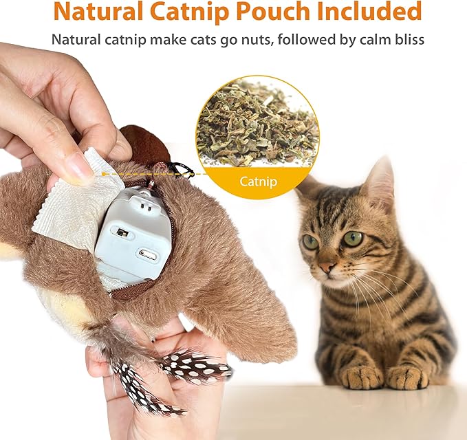 SKIPDAWG PETGEEK Flapping & Chirping Bird Cat Toy for Indoor Cats with Catnip, USB Rechargeable Motion Activated, Interactive Beating Wings Cat Toy, Hanging Flapping Bird for Cats (No Fly)