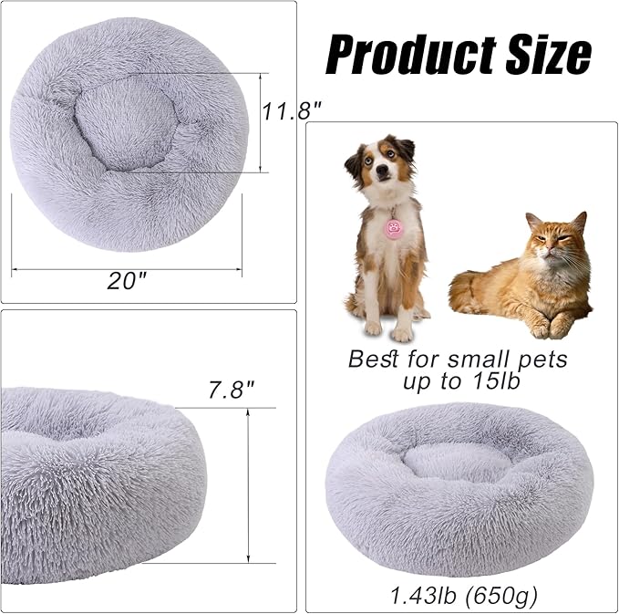 Calming Dog Bed, Dog Beds Fits up to 15 lbs Pets, Fluffy Donut Dog & Cat Bed Washable, Round Anti Anxiety Dog Bed, Small Dog Bed with Non-Slip Bottom (Light Grey, 20" x 20")