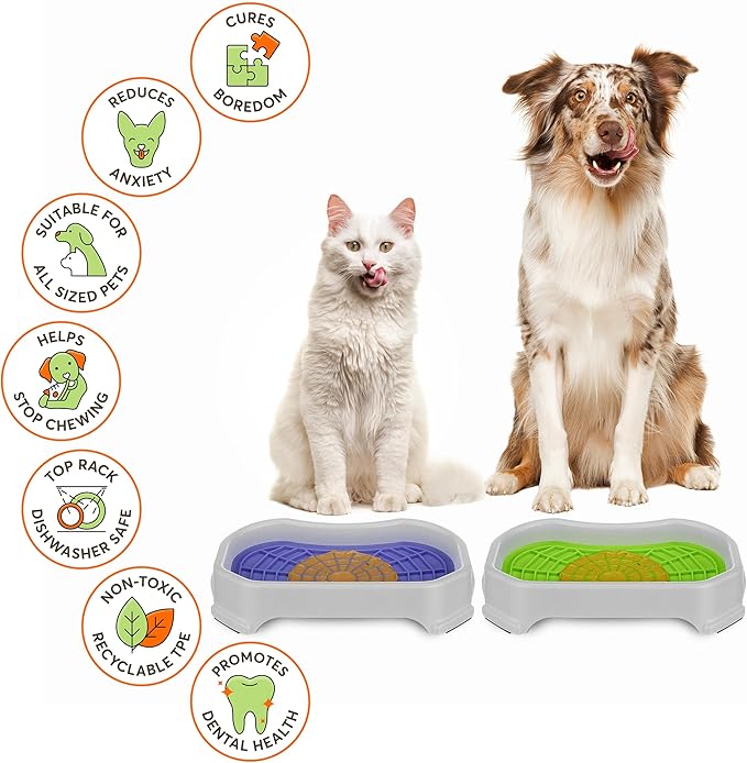 Neater Pets - Neat-LIK with Protective Tray - Slow Feed Pad for Dogs & Cats - Provides Boredom & Anxiety Relief (2 Pack w/Vanilla Bean Tray, Green & Purple)