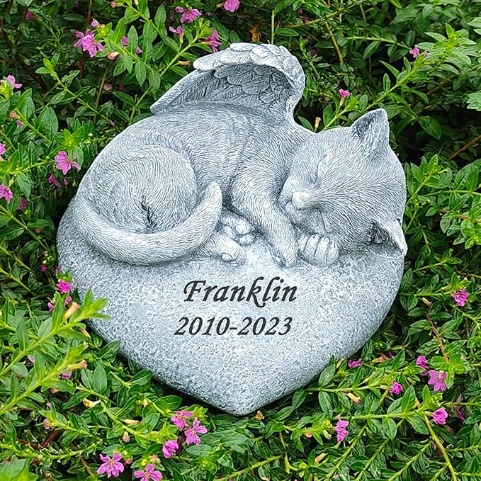 Personalized Cat Memorial Garden Statue, Angel Design, Pet Grave Marker with Engraved Name and Date