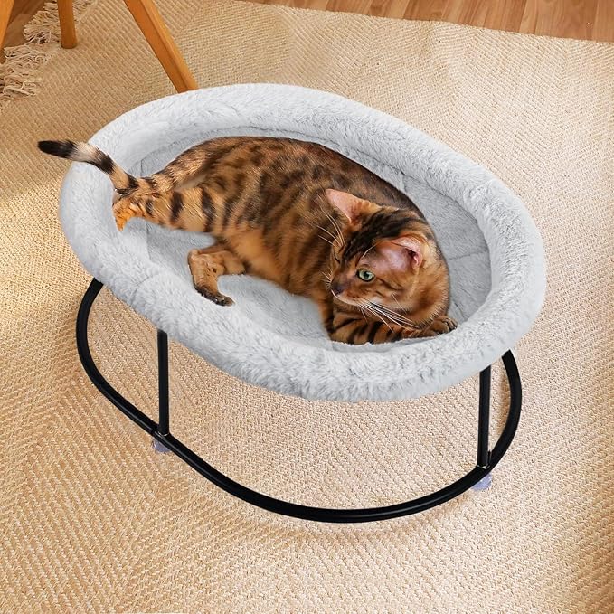 Elevated Cat Hammock Bed for Indoor Cats, Fluffy Warm Cuddle Cat Bed with Detachable Pad Bed Cover, Portable Pet Bed Raised Cuddler for Sleeping Kittens, Small Dog, Oval Cat Hammock Grey