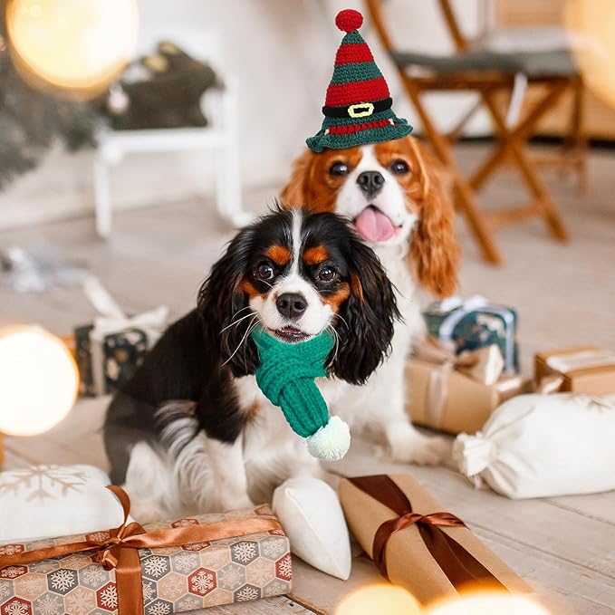 2 Pcs Cat Christmas Costume Cat Santa Hats with Scarf Pet Hat Scarf Set Pet Christmas Outfit Party Costume Supplies for Cats Small Dogs Puppy Accessories(Green,Belt Style)