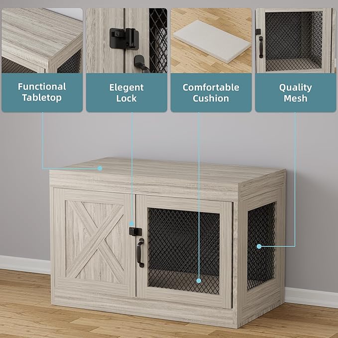 Xilingol Corner Dog Crate Furniture with Double Doors, 36 Inch Wooden Dog Kennel End Table Indoor with Mesh, Cage/House for Small Medium Large Dog, Decorative Pet Crate Indoor Use, Grey