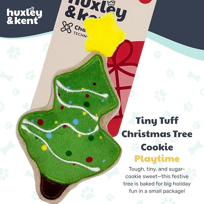 Huxley & Kent Funny Dog Toy w/Squeaker – Holiday Power Plush Squeaky Dog Toys for Small Dogs – Durable Small Stuffed Animal for Indoor Play & Fetch - Tiny Tuff Christmas Tree Cookie