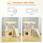 PEQULTI Small Cat Tree Tower for Large Adult Cats with Wide Top Perch, Private Cat Condo and Sisal Scratching Post&Pad for Indoor Cats, Beige