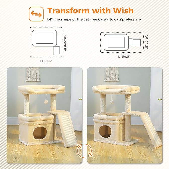 PEQULTI Small Cat Tree Tower for Large Adult Cats with Wide Top Perch, Private Cat Condo and Sisal Scratching Post&Pad for Indoor Cats, Beige