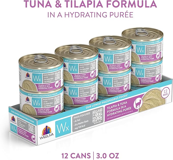 Weruva Wx Phos Focused, Tilapia & Tuna Formula in a Hydrating purée, 3oz Can (Pack of 12)