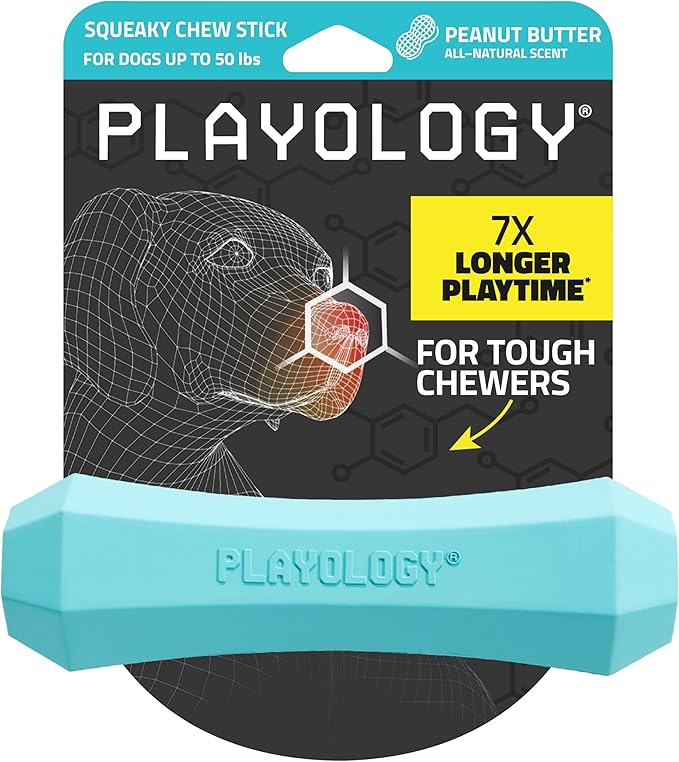 Playology Squeaky Dog Toy Fetch Stick | Durable Rubber Toys for Interactive Play | Peanut Butter Scented Fetch Stick for Medium Dogs | Floating Dog Toy Made from Non Toxic Materials