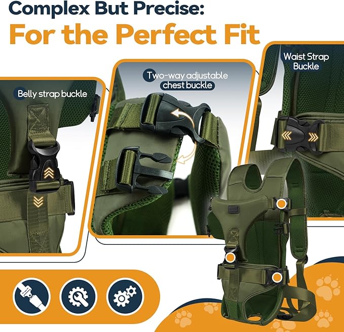 Pet Dog Front Carrier Backpacks, Legs Out Secure-Fit Dog Front Carrier for Small Dogs Up to 17 lbs, Adjustable Hands Free Pet Chest Carrier for Hiking Cycling (S, Army Green)