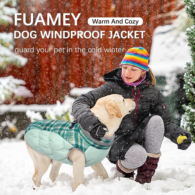 FUAMEY Dog Coat for Medium Dogs,Waterproof Dog Winter Jacket with Harness Built in Puppy Cold Weather Coats Reflective Pet Vest with Zipper Warm Fleece Dogs Snowsuit Windproof Green Plaid M