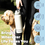 Dog Water Bottle for Dog Lovers - 32 oz Stainless Steel Double Wall Insulated Water Bottle with 8 oz Detachable Bowl on Bottom - Gift for Doggy Lovers for Hiking, Walks, Travel - Cream
