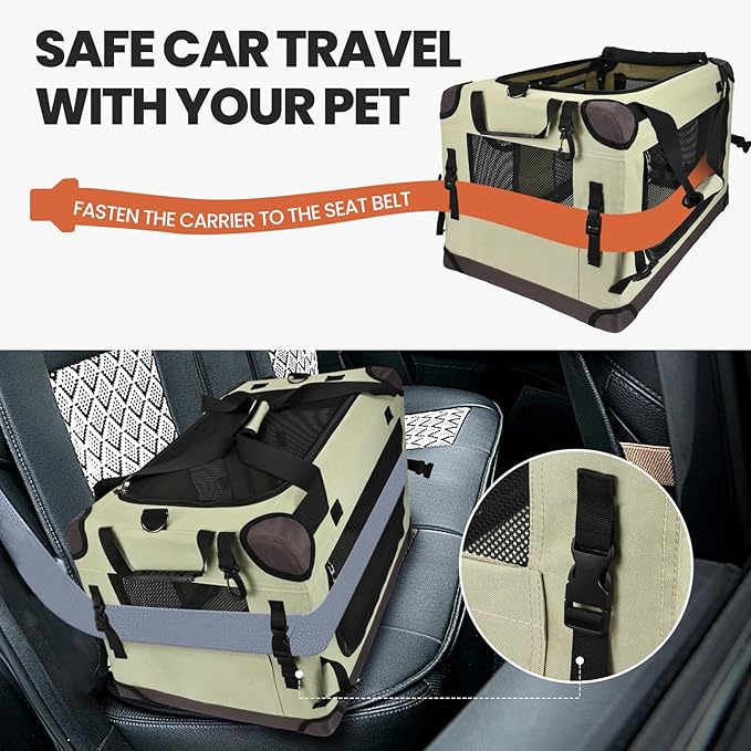 Large Cat Carrier for Car Travel, Soft Sided Collapsible Pet Carrier for Outdoor and Indoor Uses, Roomy Extra Large Cat Carrier for 2 Kittens or Puppies Up to 50lbs (Brown)