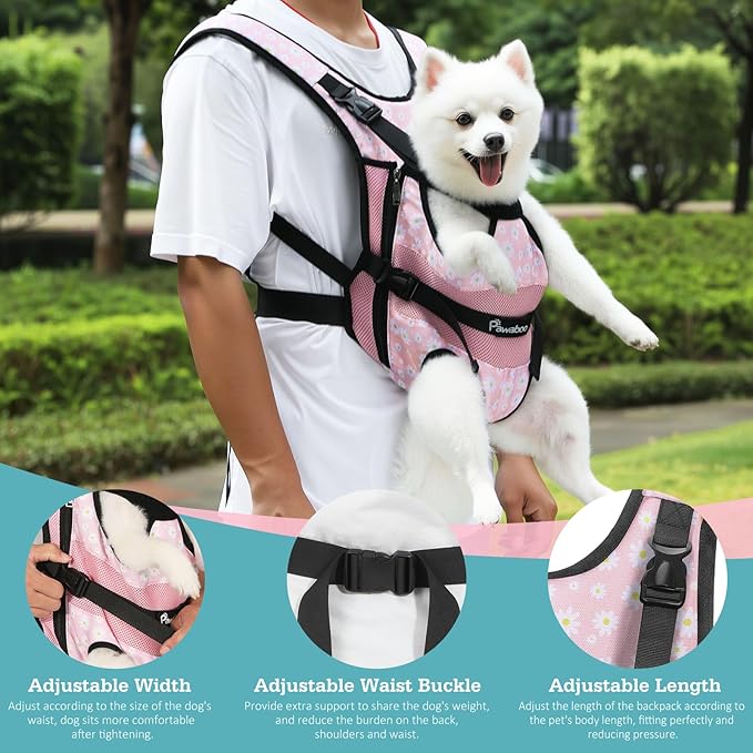 Pawaboo Pet Dog Front Carrier Backpacks, Legs Out Pet Carrier Backpack, Adjustable Easy-fit Dog Chest Carriers for Small Medium Dogs Hands Free for Travel Hiking Cycling Camping, S, Pink Daisy