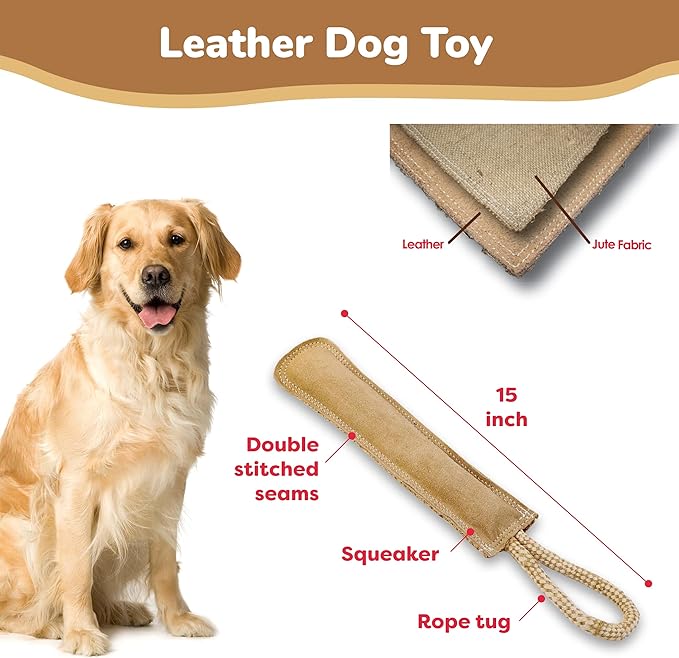 SPOT Dura-Fused Leather Retriever Dog Toy – Real Leather & Jute Fabric, Double-Stitched & Durable, Squeaky Interactive Tug Toy with Rope Handle for Moderate Chewers, Soft Stuffed Fetch Toy, 15in