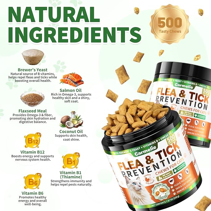 Flea and Tick Prevention for Cats, 500 Crunchy & Creamy Chews, Cat Flea Chewables with Natural Oral Flea Treatment Supplement Cats, Skin & Coat Support - All Breeds & Ages - Chicken and Krill Flavor