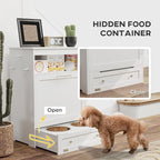 PawHut Dog Feeding Station with Raised Bowls & Storage Cabinet, Pet Feeder Cabinet Container with Hanger for Feeding & Watering Supplies, Dog Food Organizer, White