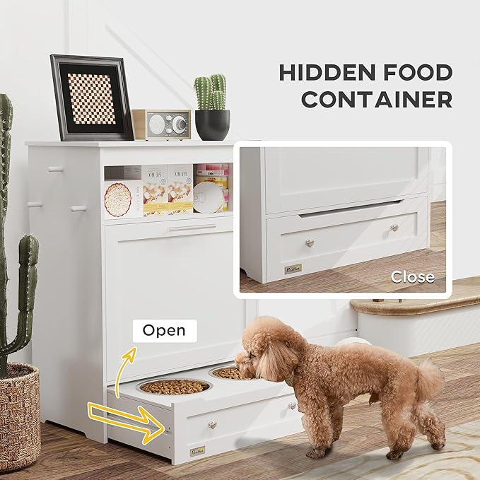 PawHut Dog Feeding Station with Raised Bowls & Storage Cabinet, Pet Feeder Cabinet Container with Hanger for Feeding & Watering Supplies, Dog Food Organizer, White