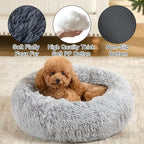 Dog Bed Calming Beds for Small Medium Dogs - Round Donut Washable Dog Bed, Anti-Slip Faux Fur Fluffy Donut Cuddler Anxiety Cat Bed(Light Grey 24")