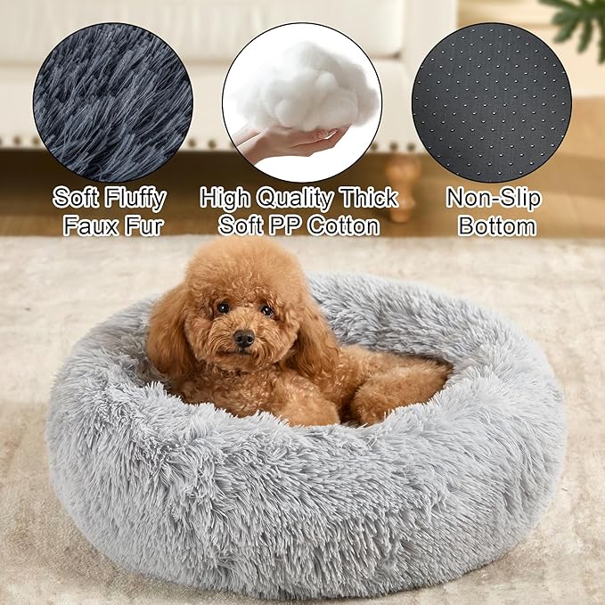 Dog Bed Calming Beds for Small Medium Dogs - Round Donut Washable Dog Bed, Anti-Slip Faux Fur Fluffy Donut Cuddler Anxiety Cat Bed(Light Grey 24")