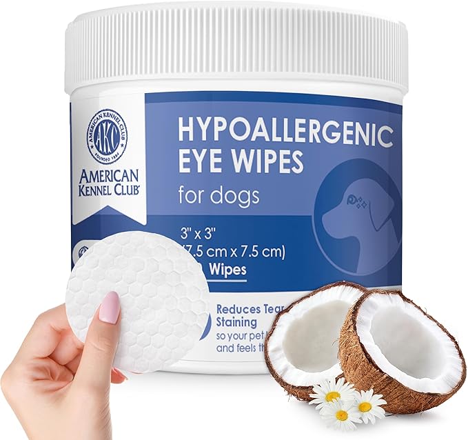 AKC Pet Eye Wipes for Dogs & Cats – Tear Stain Remover & Eye Discharge Cleaner – Hypoallergenic Grooming Wipes, 100 Count (Coconut Scent) AKC 3 * 3" PET Eye Wipes Coconut Scent 100 Count