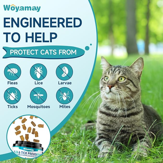 Flea Treatment for Cats, 200 Treats Flea and Tick Prevention for Cats Chewables, Natural Cat Flea and Tick Treatment Chews Daily Oral Flea Supplement, Kitten Cat Flea Treatment, Chicken Flavor