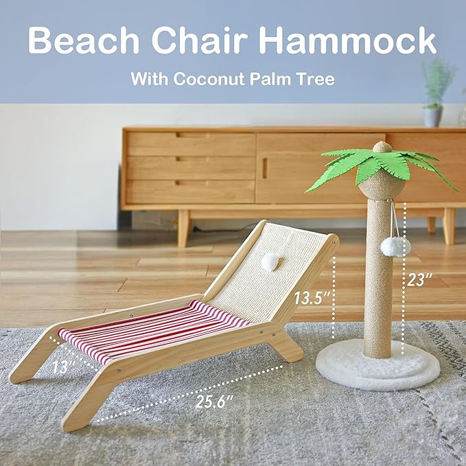 Beach Chair Cat Hammock, Cat Furniture, Original Cozy Cat Lounger with Sisal Scratcher and Toy Ball, Elevated Cat Beds for Indoor Cats (Red)