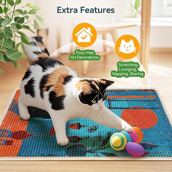 3-in-1 Sisal Cat Scratcher Mat 23.6x15.7'' – Floor & Wall Use with Sticker Tape, Protects Furniture, Couch & Carpet, Anti-Slip, Pet-Safe, Durable Scratch Rug Mat or Indoor/Outdoor Cats, Blue Silence