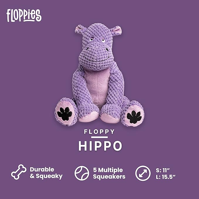 fabdog Floppies Plush Dog Toy - Cute & Durable Squeaky Dog Toys - Squeak Toy for Puppies and All Breeds | Ideal Pet Gift| Small Hippo