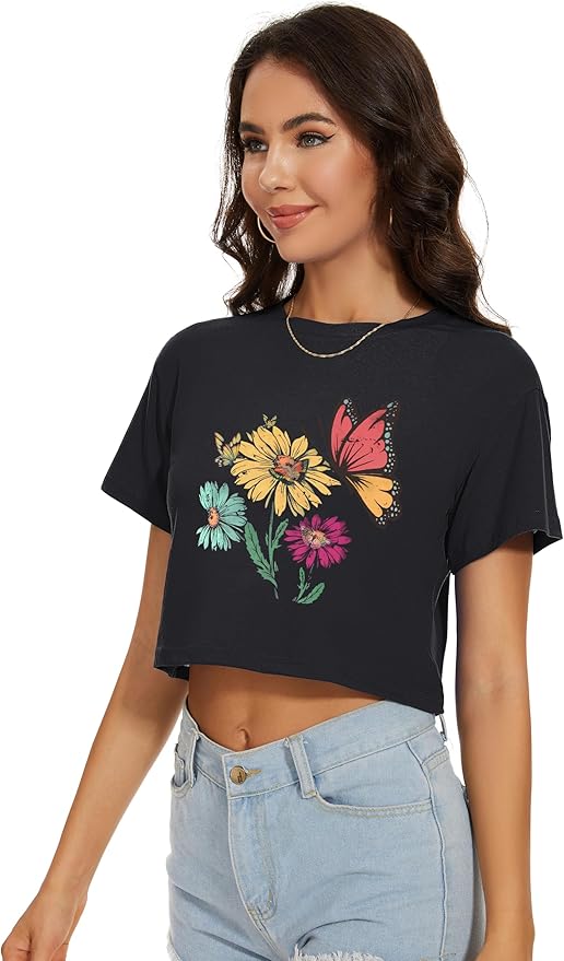 Womens Summer Crop Tops Short Sleeve Round Neck T-Shirts Loose Fit Casual Blouse