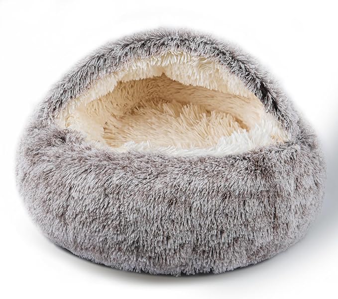 Cat Bed Calming Cat Beds,Indoor Washable Cat Bed，Anti-Slip Faux Fur Fluffy Cuddler Anxiety Cat Bed,Warming Cuddler Cushion Bed for Small Medium Dogs and Cats (Khaki, 24 * 24inch)