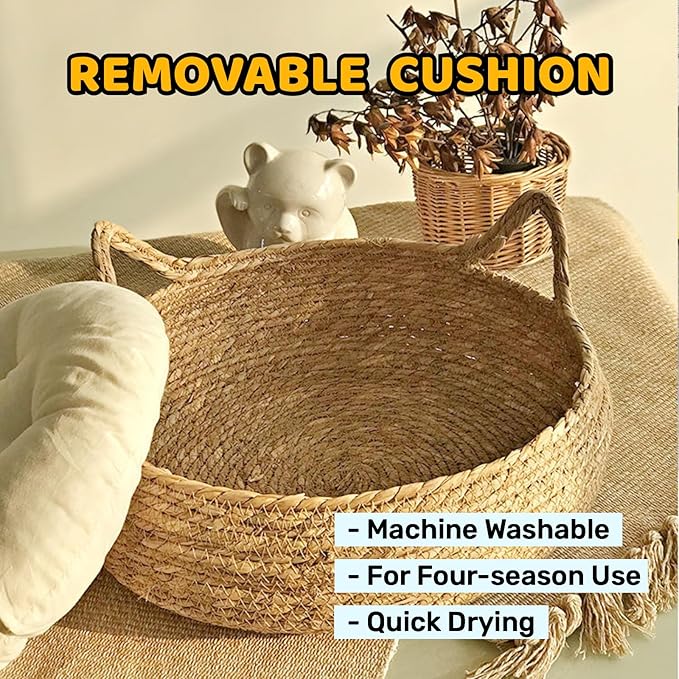 Natural Cat Bed Straw Nest Woven Pet House Handmade Braided Cattail Leaf with Soft Cushion 17 x 17 Inches