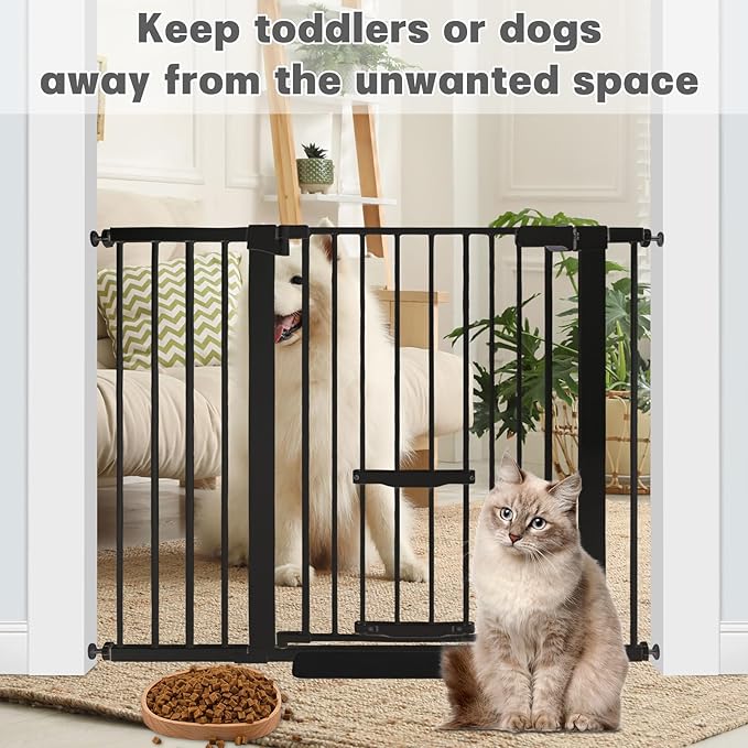 37 Inch Tall Baby Gate with Cat Door, Adjustable 29.55" and -46.06",Auto Close Pet Gate Easy Walk Thru Pet Door for Stairs, Doorway, House, Pressure Mounted Safety Child Gates