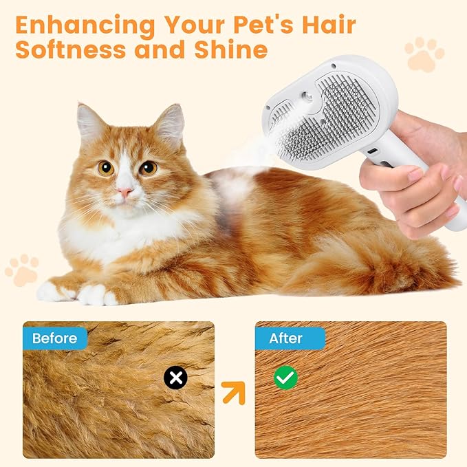 3 in 1 Cat Steam Brush, Pet Steam Brush for Cat Dog Long Short Haired, Pet Spray Hair Removal Comb for Small Animals Shedding & Grooming, Water Mist Spray Brushes with Release Button(White)