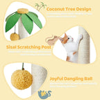 Yaheetech Cat Scratching Post, 37in Cute Coconut Palm Cat Scratcher w/Natural Sisal Rope, Coco Leaf, Dangling Pompom, Bending Perch, Cozy Condo Cat Scratching for Indoor Cats, Green/Yellow