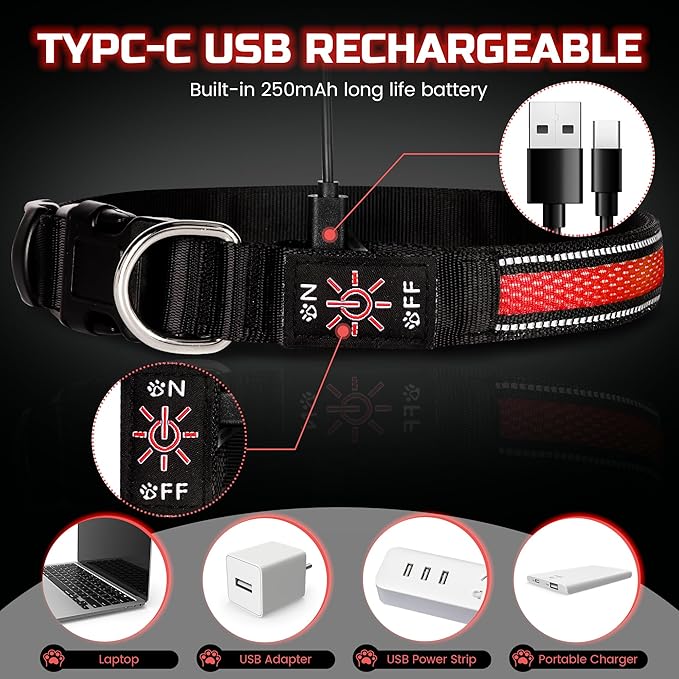 Light Up Dog Collar Rechargeable, LED Glow Collar in Dark with 3 Flash Mode for Outdoor Night Walking Visible Safe, Adjustable Waterproof Dog Light for Small Medium Large Breed, Red, L