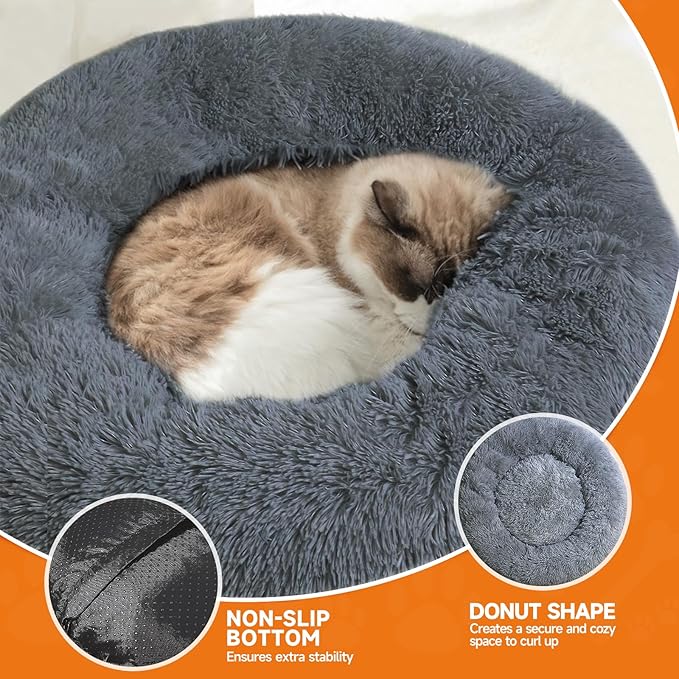Dog Ded,Cat Beds for Indoor Cats, 23 inches Cat Bed Machine Washable, Fluffy Round Pet Bed Non-Slip, Calming Soft Plush Donut Cuddler Cushion Self Warming for Small Dogs Kittens, Dark Grey 31.5IN