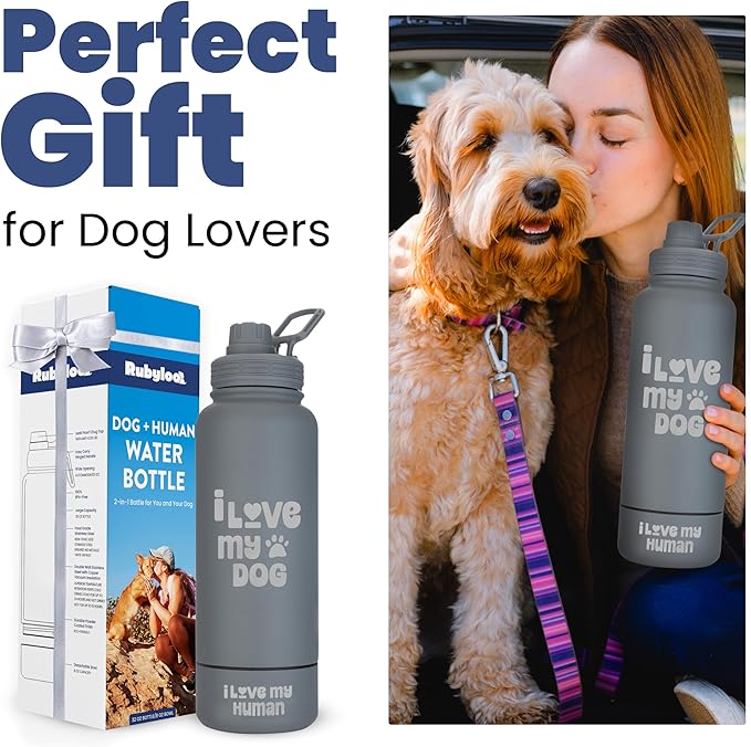 Dog Water Bottle for Dog Lovers - 32 oz Stainless Steel Double Wall Insulated Water Bottle with 8 oz Detachable Bowl on Bottom- Ideal Doggy Lover Gift for Hiking, Walking, Travel - “Love Smoky Grey
