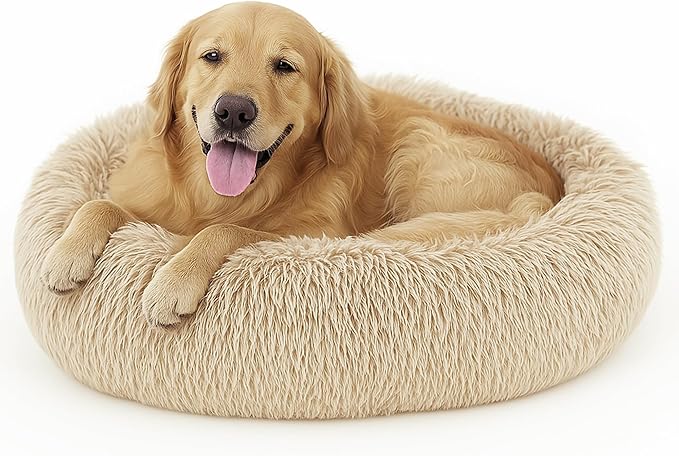 Deconovo Calming Donut Dog Bed, Washable Plush Round Pet Bed for Small Dogs & Cats with Raised Rim, Non-Slip Base and Soft Faux Fur—Lightweight, Easy-Care Design Beige 37" L x 37" W x 8" Th