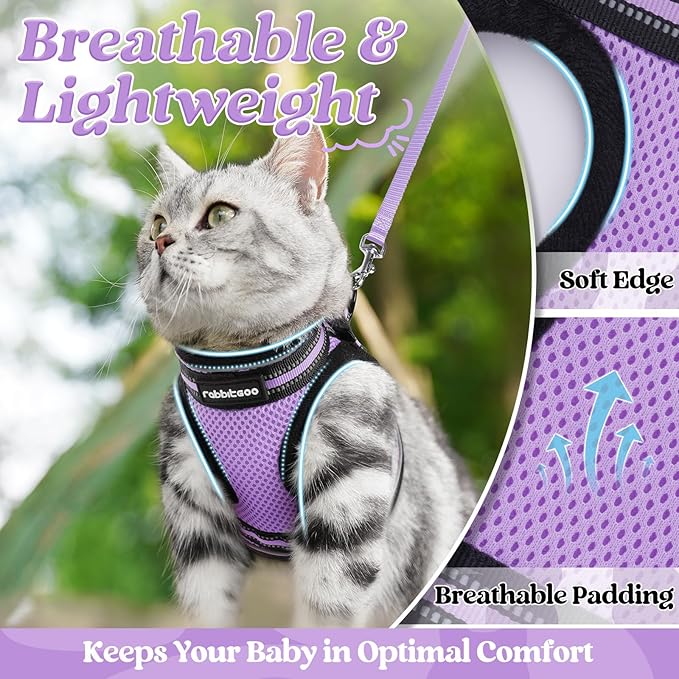 rabbitgoo Cat Harness and Leash Set for Walking Escape Proof, Adjustable Soft Kittens Vest with Reflective Strip for Cats, Comfortable Outdoor Vest, Light Purple, S