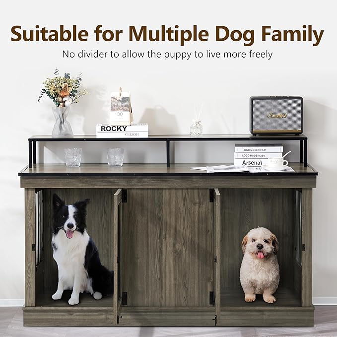 MCombo Large Dog Crate Furniture TV Stand, Wooden Pet Kennel with Double Doors, Indoor Furniture Style Dog House End Table, 1861 (Brown)